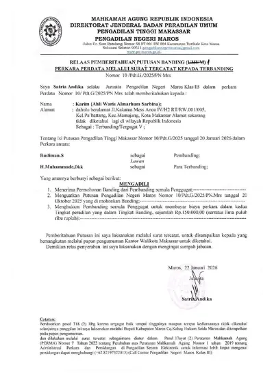 Relaas Pemberitahuan Putusan Banding Nomor 10/Pdt.G/2025/PN.Mrs