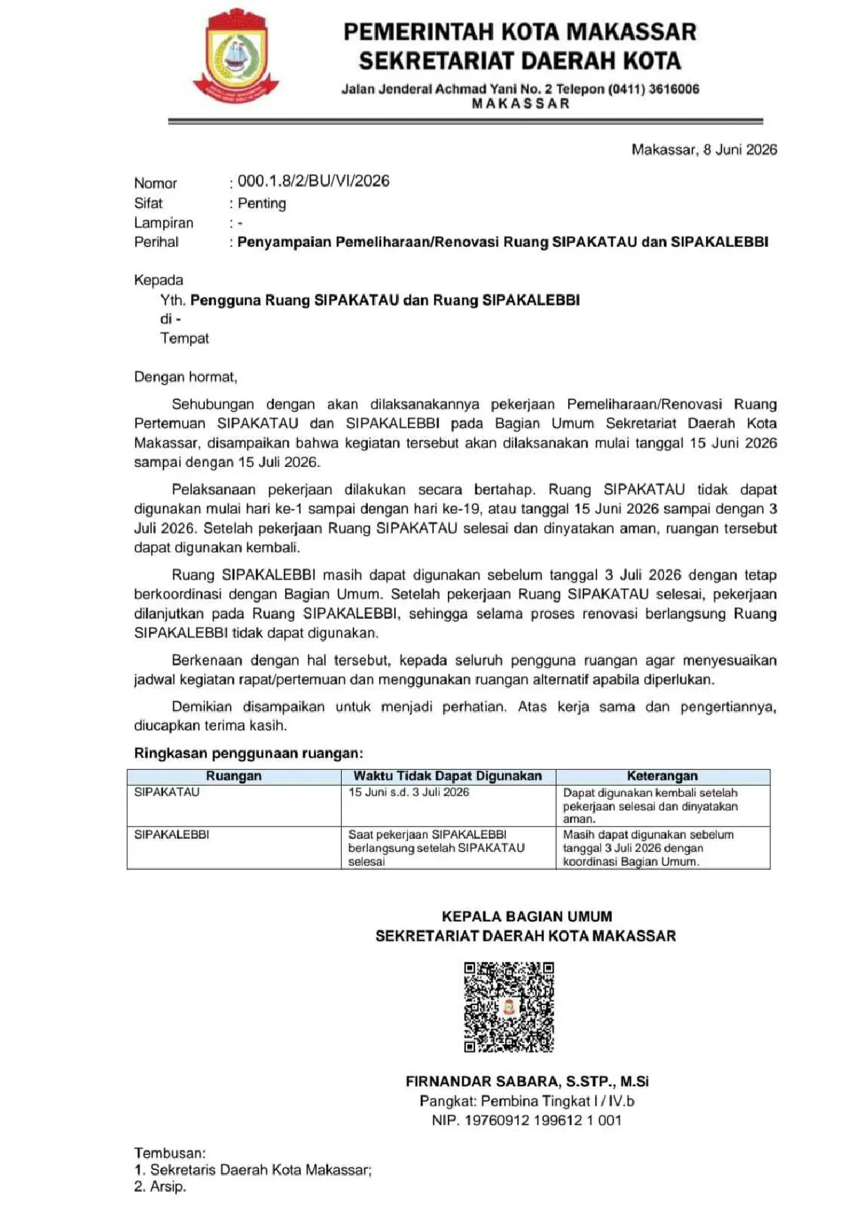 Penyampaian Pemeliharaan/Renovasi Ruang SIPAKATAU dan SIPAKALEBBI 