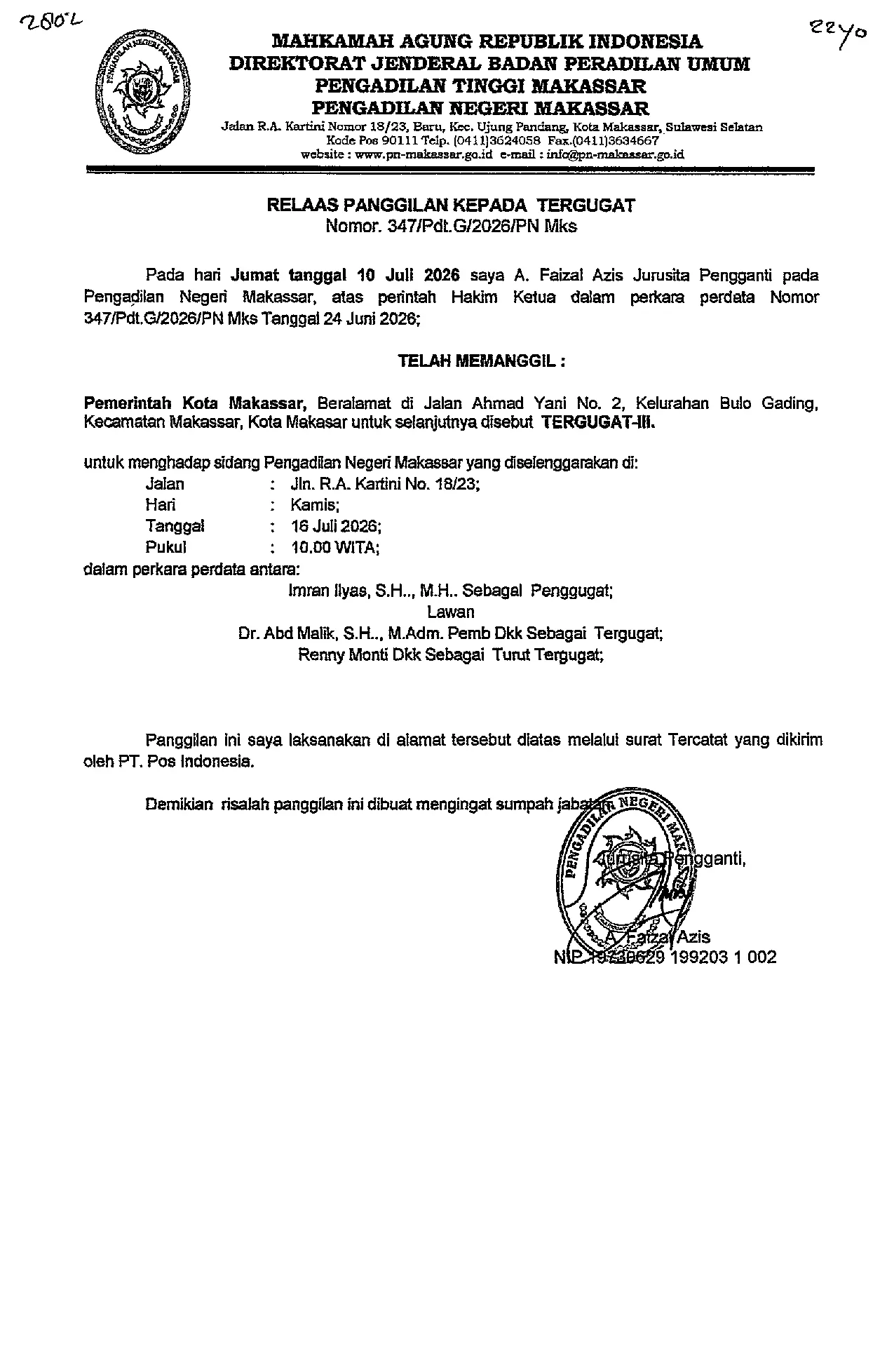 Relaas Panggilan Sidang Kepada Tergugat dalam Perkara Nomor 347/Pdt.G/2026/PN.Mks
