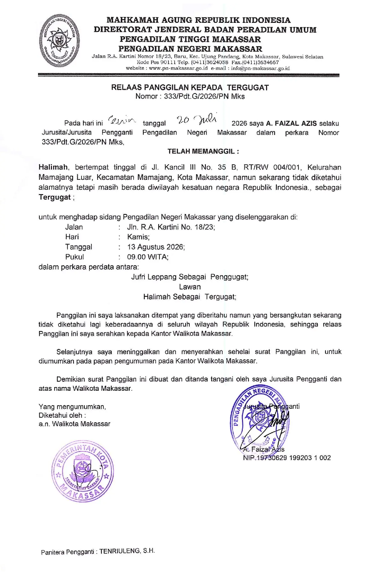 Relaas Panggilan Sidang Kepada Tergugat dalam Perkara Nomor 333/Pdt.G/2026/PN.Mks