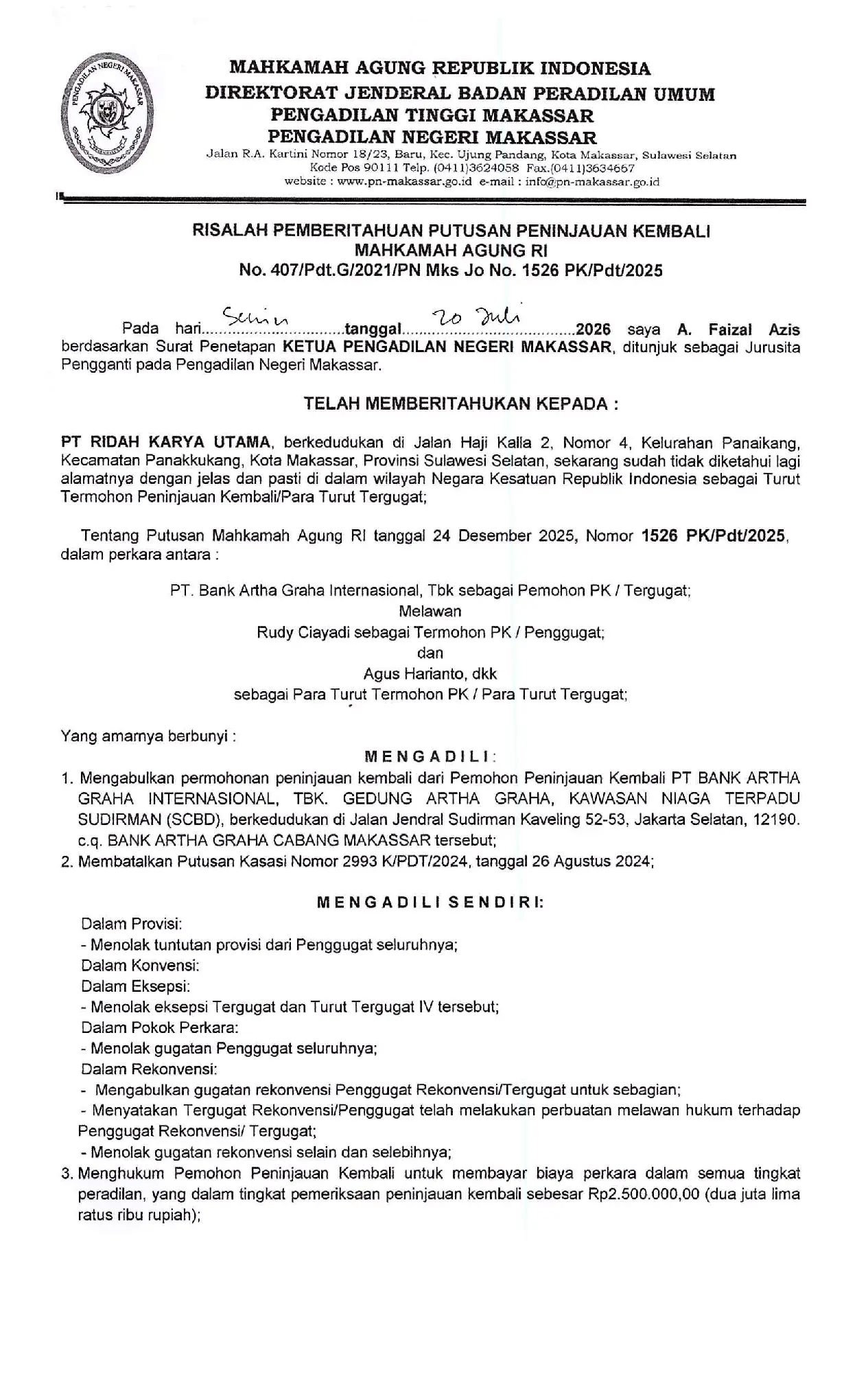 Relaas Pemberitahuan Putusan Peninjauan Kembali Mahkamah Agung RI Nomor 407/Pdt.G/2021/PN.Mks Jo Nomor 1526 PK/Pdt/2025