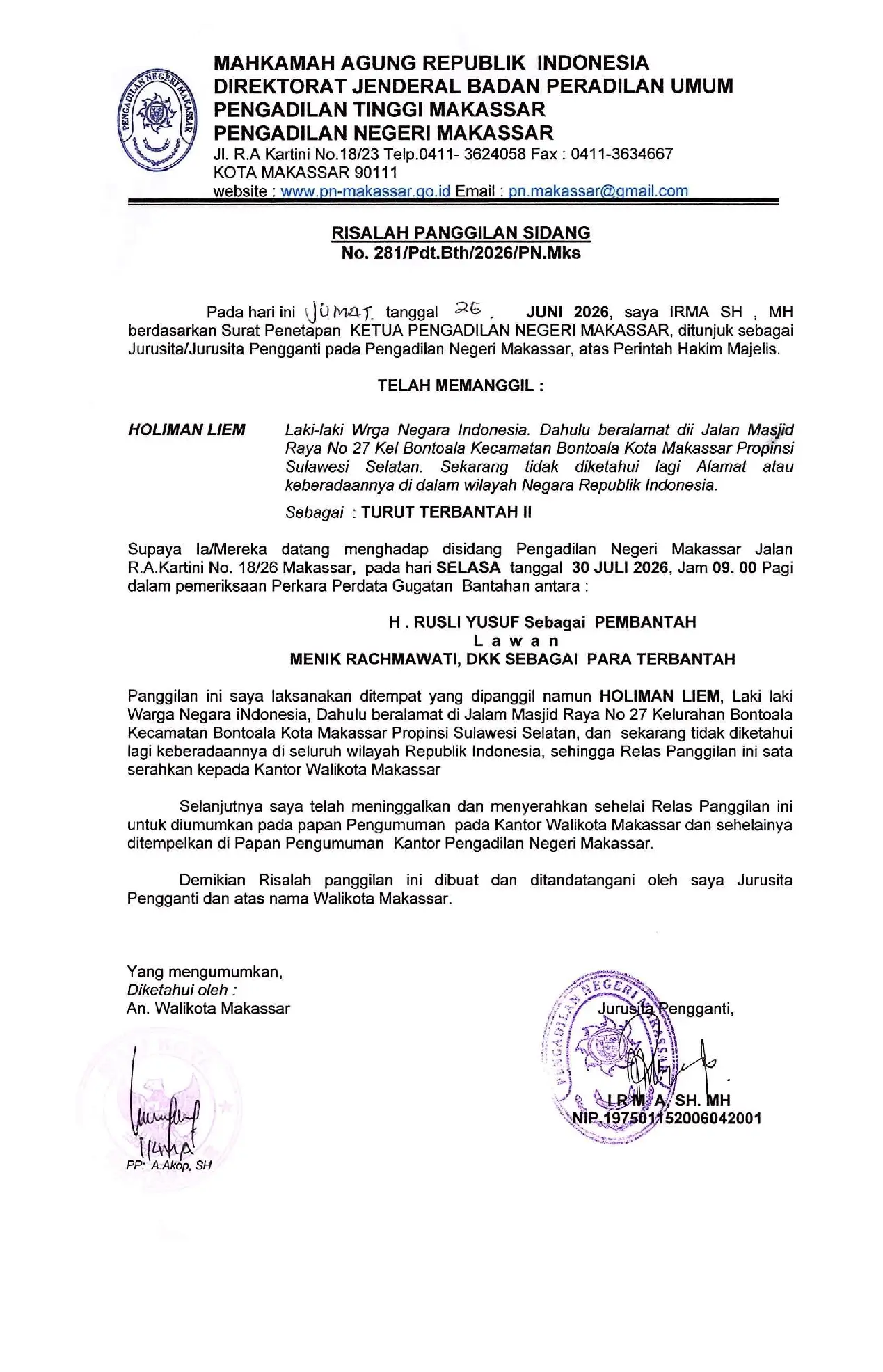 Risalah Panggilan Sidang Pengadilan Negeri Makassar Nomor 281/Pdt.Bth/2026/PN.Mks