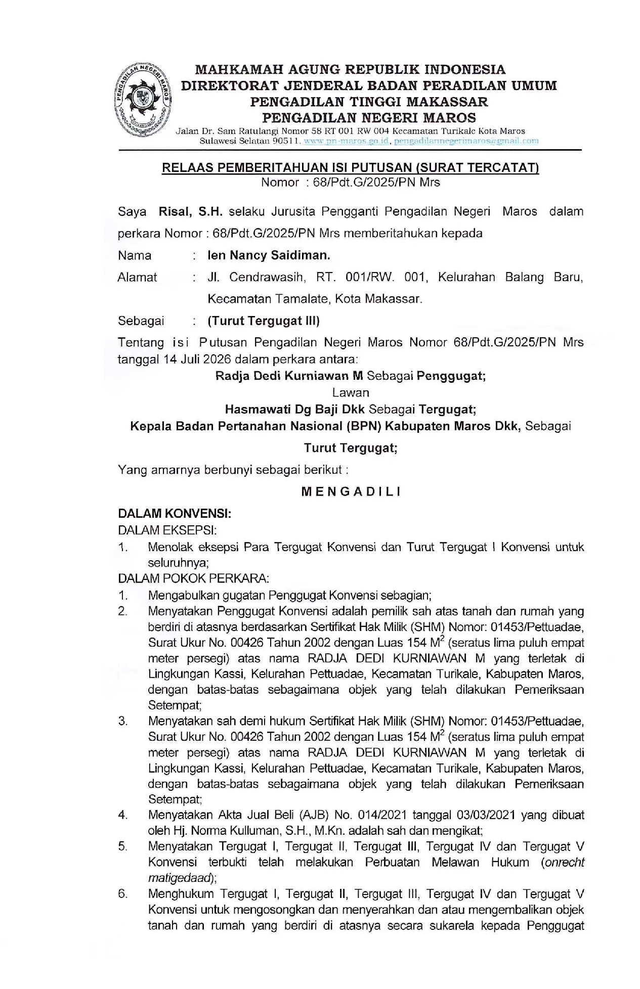 Relaas Pemberitahuan Isi Putusan Perkara Nomor 68/Pdt.G/2025/PN Mrs