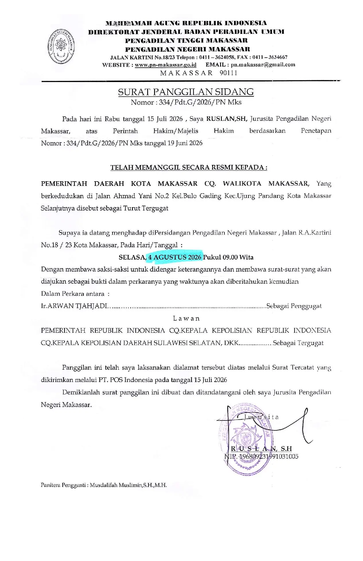Relaas Panggilan Sidang Perkara Nomor 334/Pdt.G/2026/PN Mks