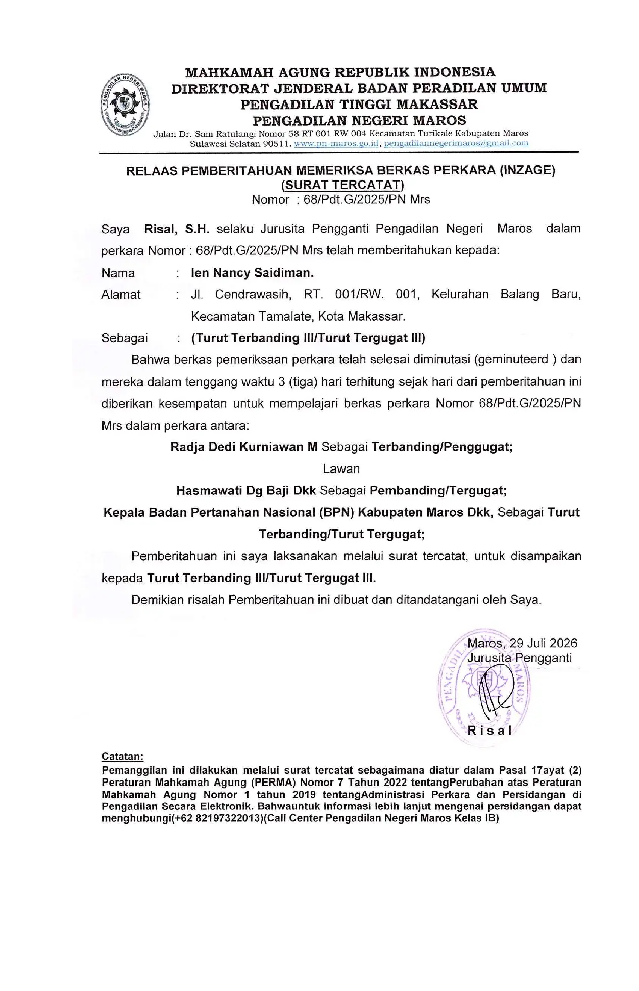 Relaas Pemberitahuan Memeriksa Berkas Perkara Nomor 68/Pdt.G/2025/PN.Mrs