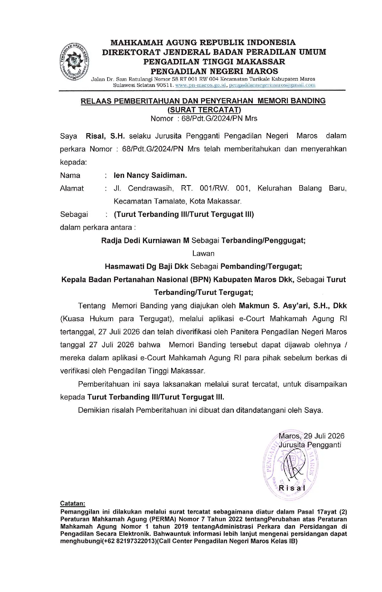 Relaas Pemberitahuan Putusan