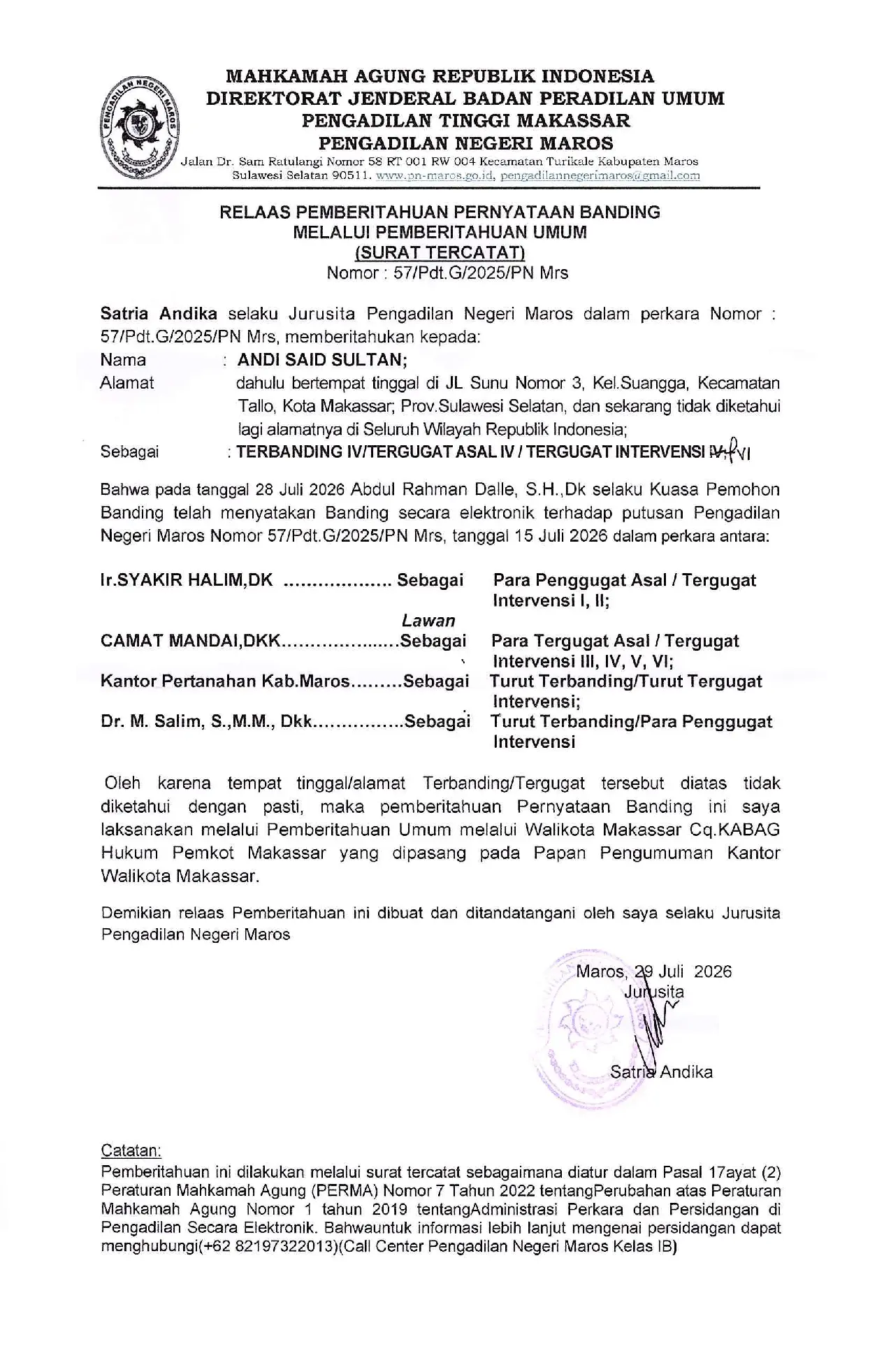 Relaas Pemberitahuan Pernyataan Banding Perkara Nomor 57/Pdt.G/2025/PN.Mrs