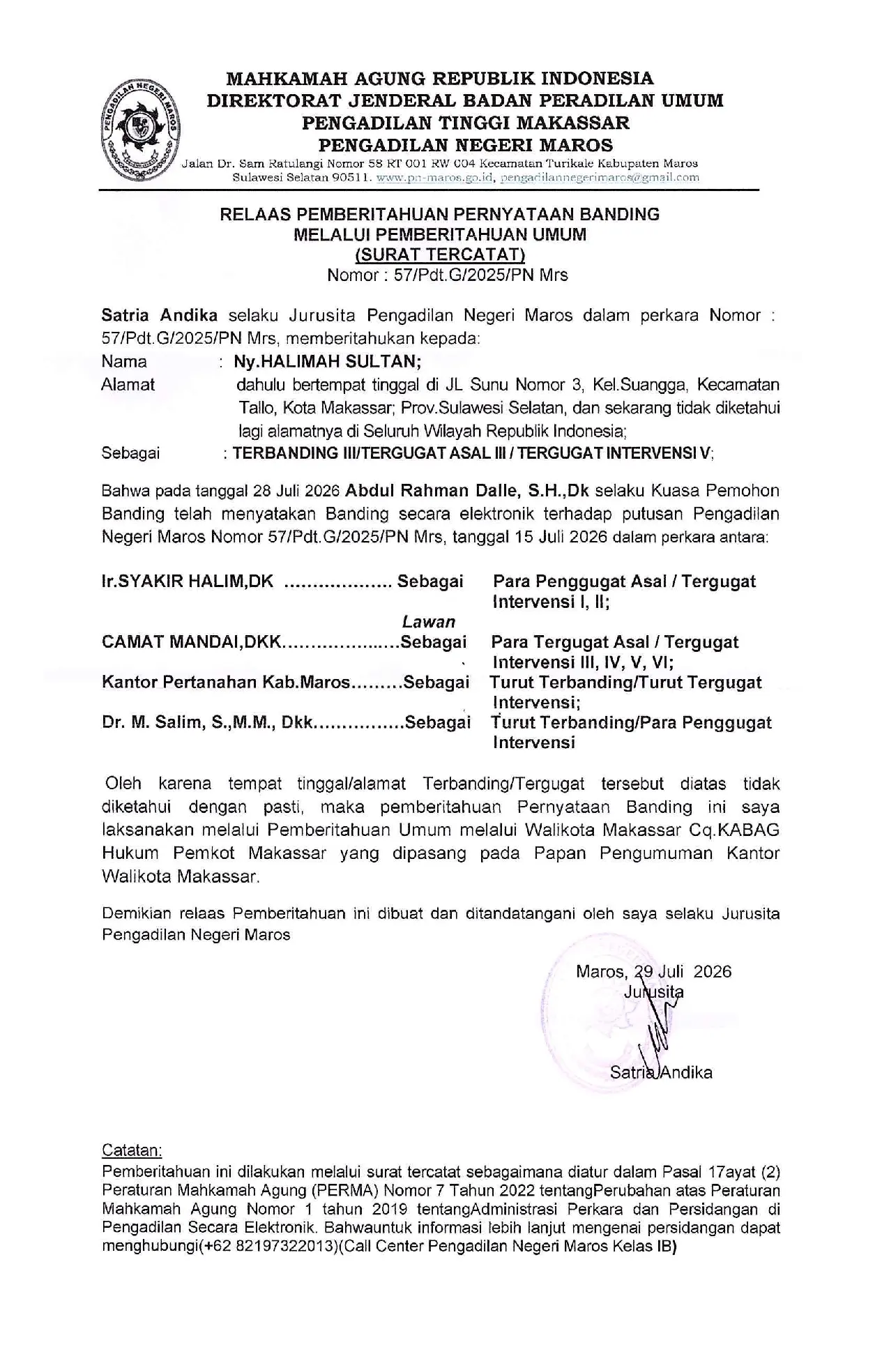 Relaas Pemberitahuan Pernyataan Banding Perkara Nomor 57/Pdt.G/2025/PN.Mrs