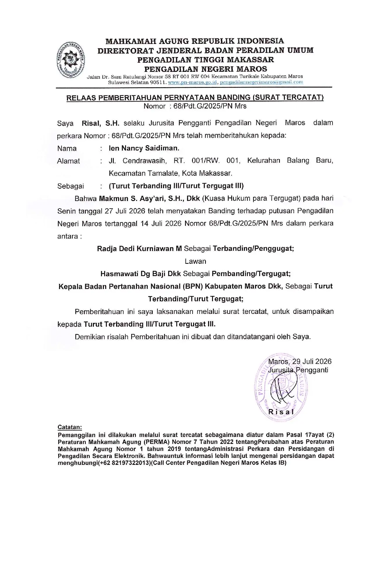 Relaas Pemberitahuan Pernyataan Banding Perkara Nomor 68/Pdt.G/2025/PN.Mrs