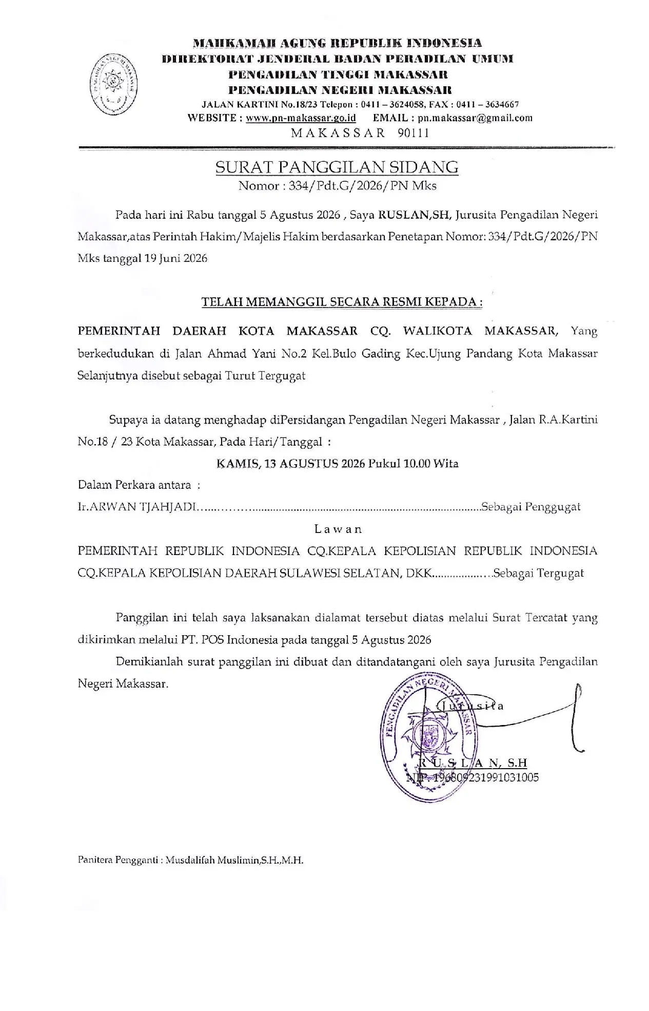 Relaas Panggilan Sidang Perkara Nomor 334/Pdt.G/2026/PN.Mks