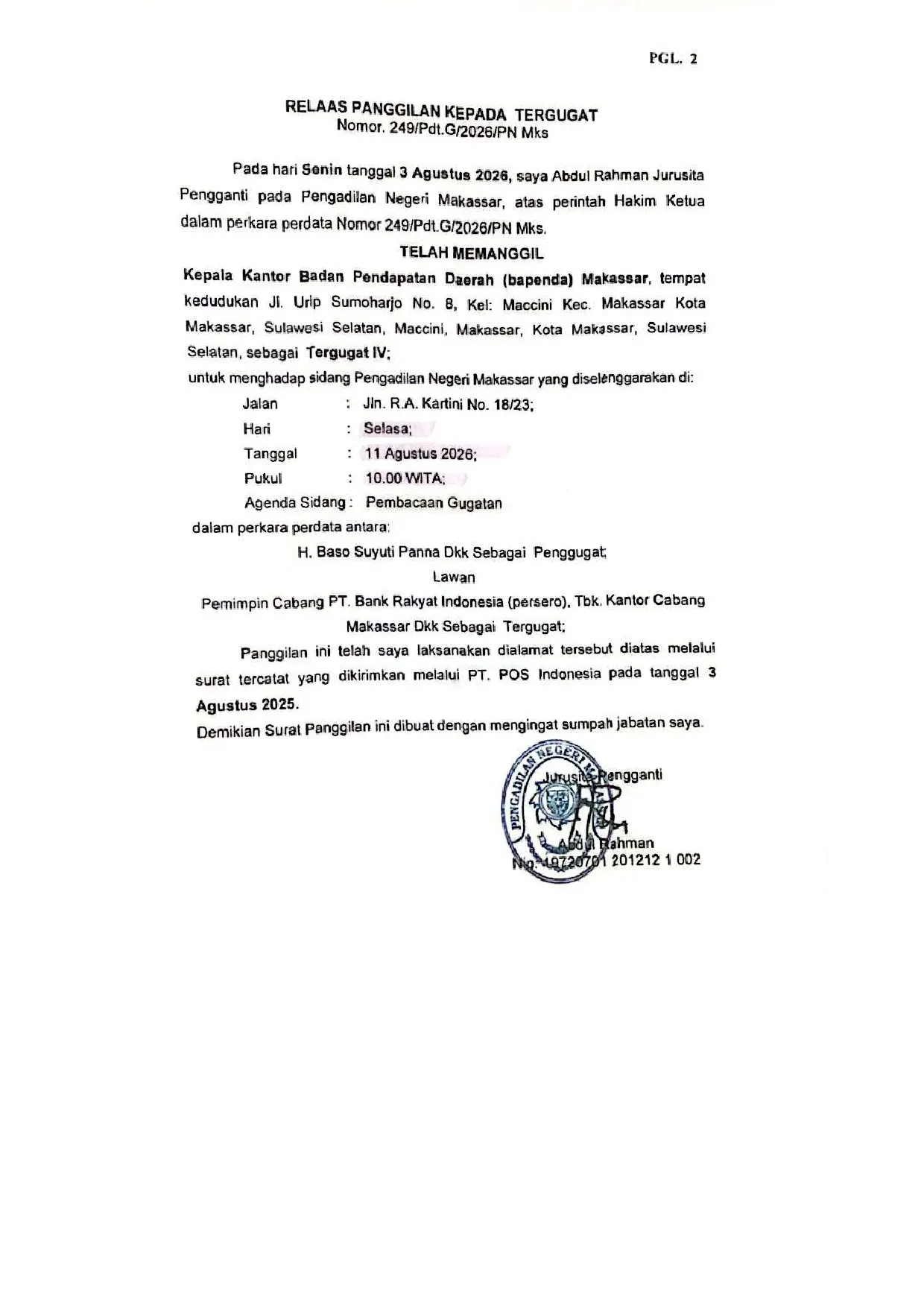 Relaas Panggilan Sidang Perkara Nomor 249/Pdt.G/2026/PN.Mks