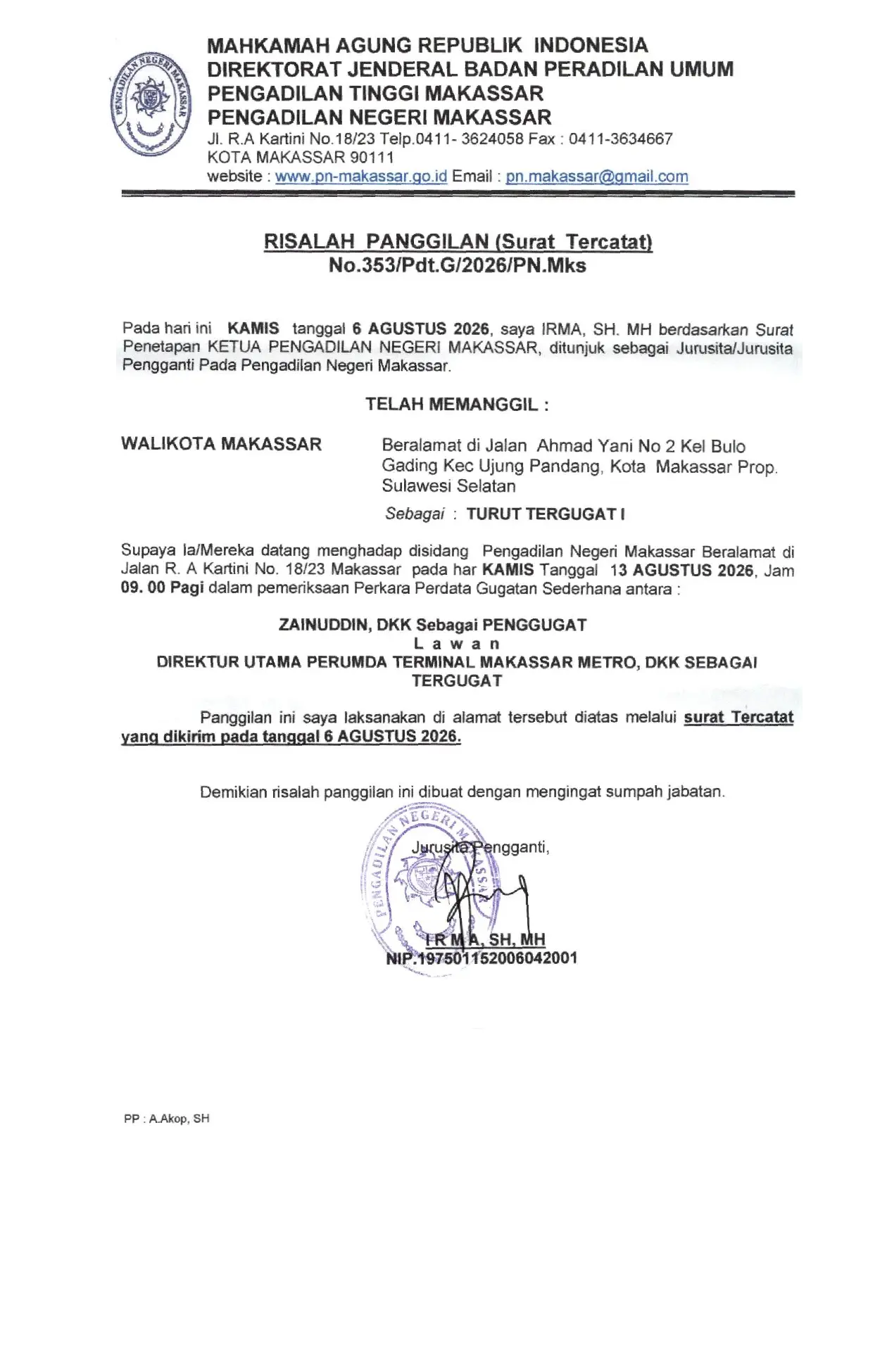 Relaas Panggilan Sidang Pengailan Negeri Makassar Nomor 353/Pdt.G/2026/PN.Mks