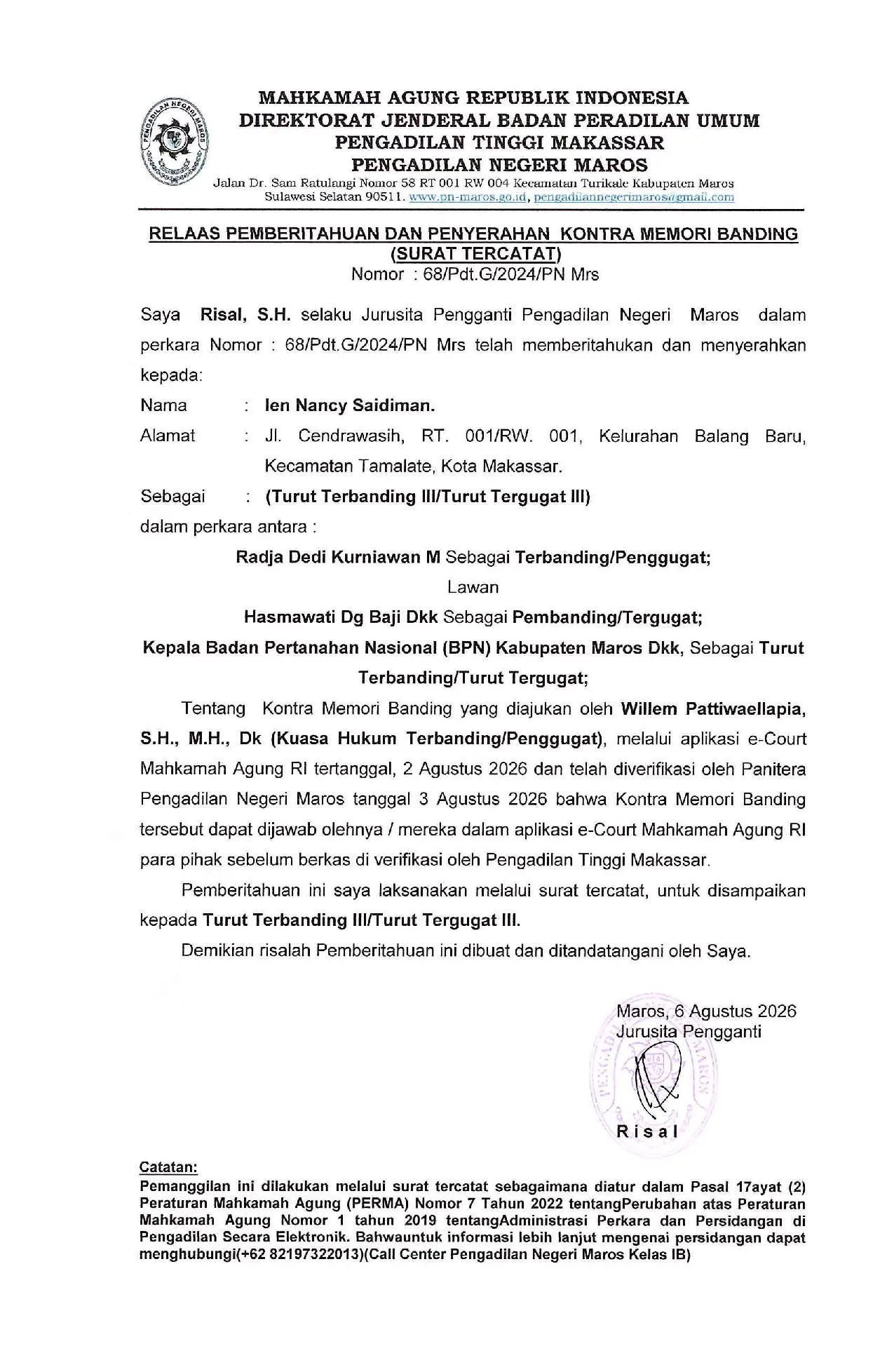 Relaas Pemberitahuan dan Penyerahan Kontra Memori Banding Perkara Nomor 68/Pdt.G/2024/PN.Mrs