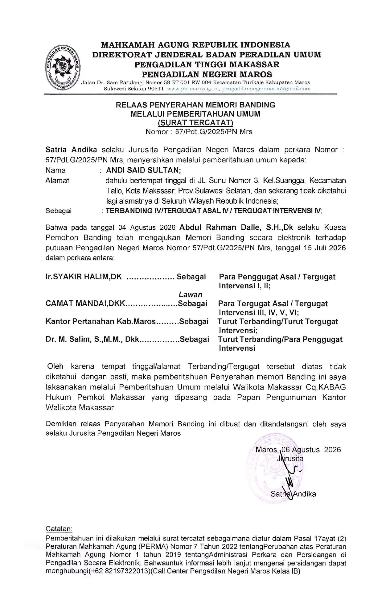 Relaas Penyerahan Memori Banding Melalui Pemberitahuan Umum