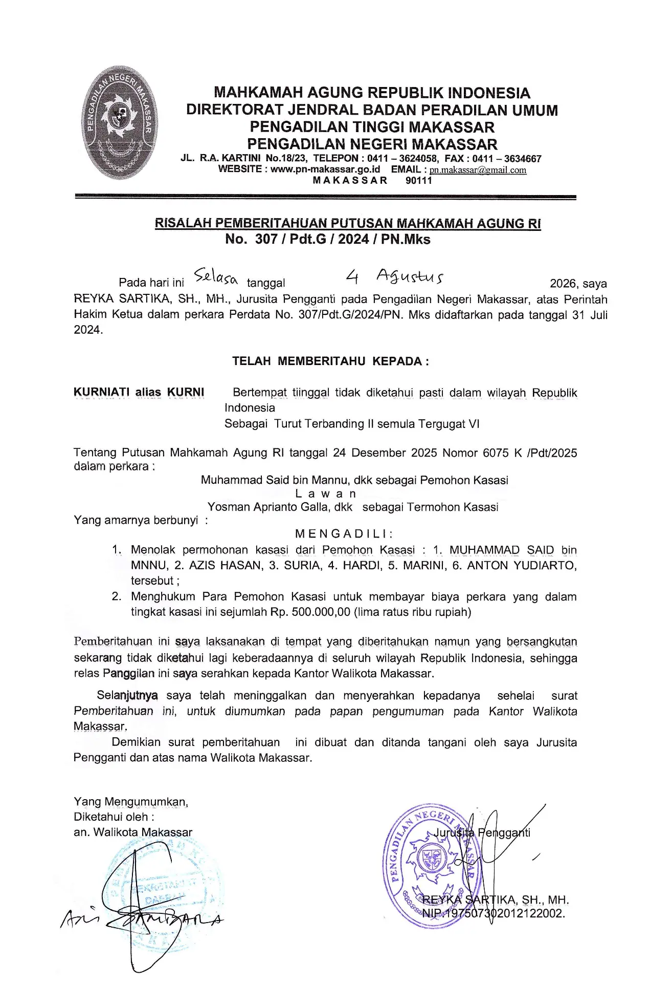 Risalah Pemberitahuan Putusan Mahkamah Agung RI Nomor 307/Pdt.G/2024/PN.Mks