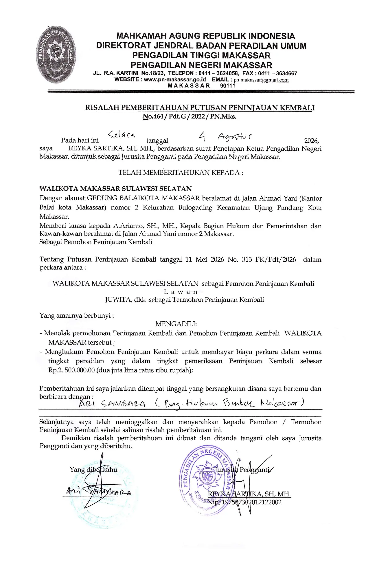 Risalah Pemberitahuan Putusan Peninjauan Kembali Perkara Nomor 464/Pdt.G/2022/PN.Mks kepada Walikota Makassar