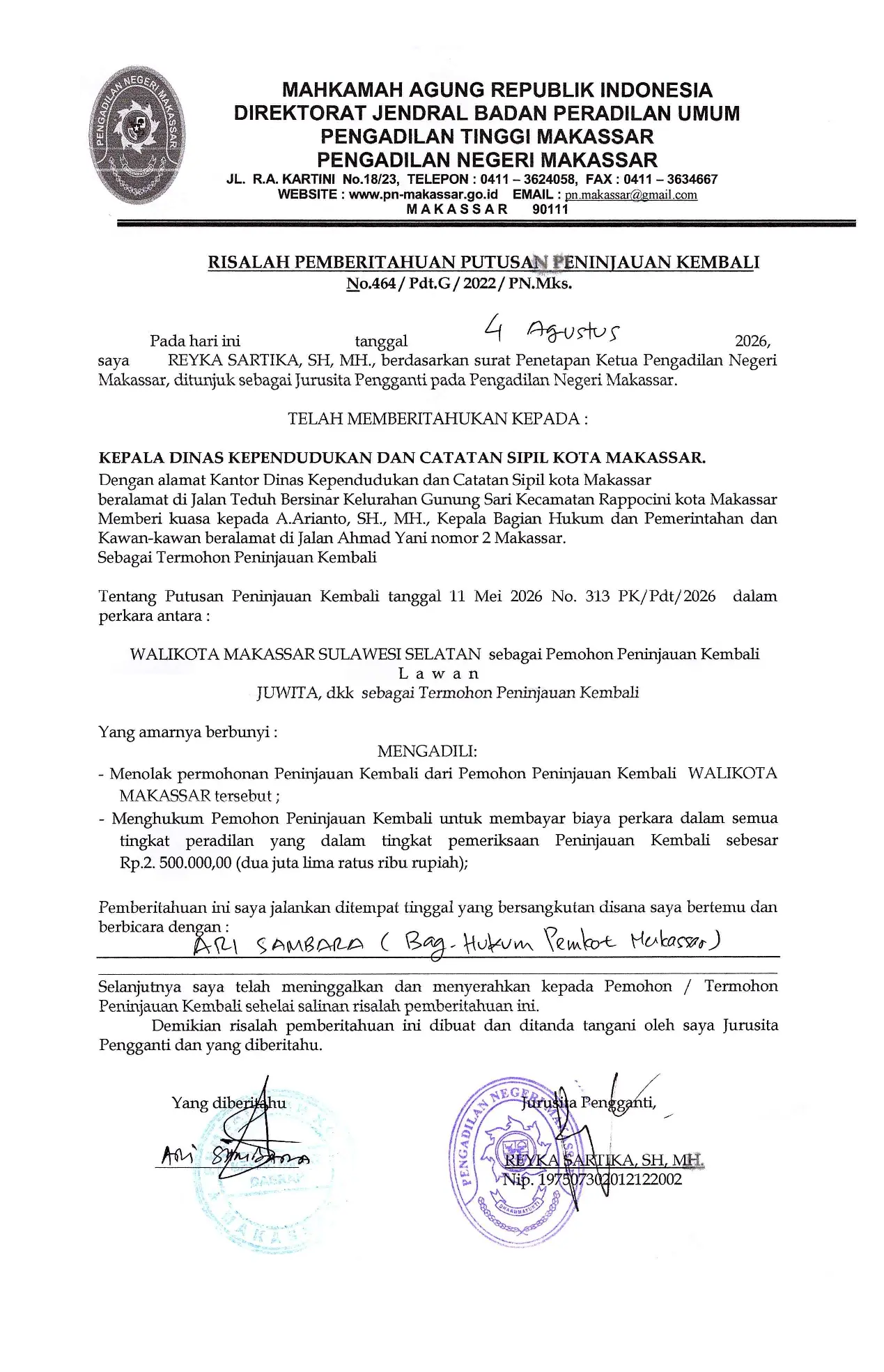 Risalah Pemberitahuan Putusan Peninjauan Kembali Perkara Nomor 464/Pdt.G/2022/PN.Mks kepada Kepala Dinas Kependudukan Dan Catatan Sipil Kota Makassar